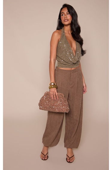 Khaki Knitted Sequin Cowl Neck Long Top