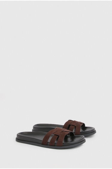 Faux Suede Cut Out Woven Strap Detail Sliders - chocolate