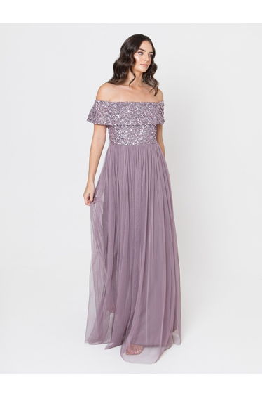 Maya Moody Lilac Bardot Embellished Maxi Dress