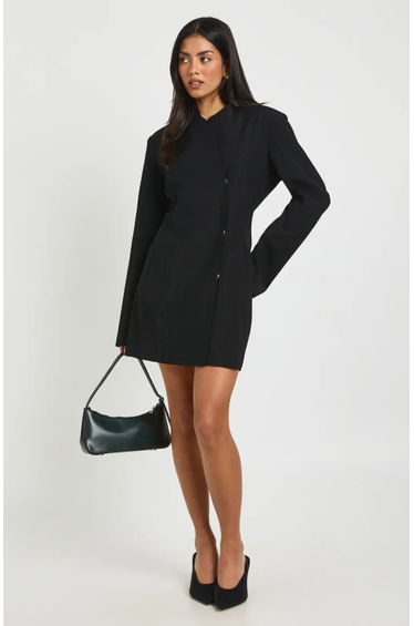 Structured high Neck Wrap Front Blazer Dress - black