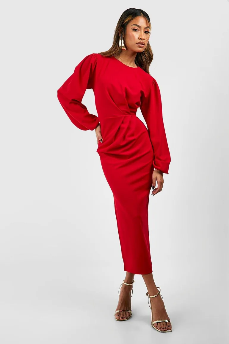 Drape Side Volume Sleeve Crepe Midaxi Dress