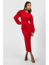 Drape Side Volume Sleeve Crepe Midaxi Dress