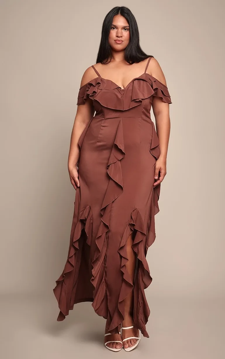 Plus Chocolate Cold Shoulder Ruffle Detail Strappy Maxi Dress Prettylittlething Brown : Dresses : VogaCloset Iraq Plus Chocolate Cold Shoulder Ruffle Detail Strappy Maxi Dress Prettylittlething Brown : Dresses : VogaCloset Iraq