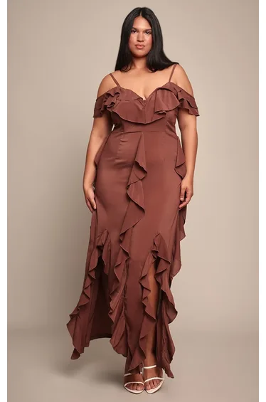 Plus Chocolate Cold Shoulder Ruffle Detail Strappy Maxi Dress