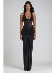 Fancy Halter Neck Corset Maxi Dress In Black