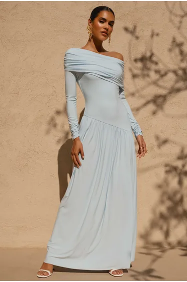 Farah | Powder Blue High-Neck Maxi Dress With Drop Waist And Ruched Detailing