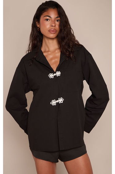 Black Interest Contrast Button Oversized Shirt