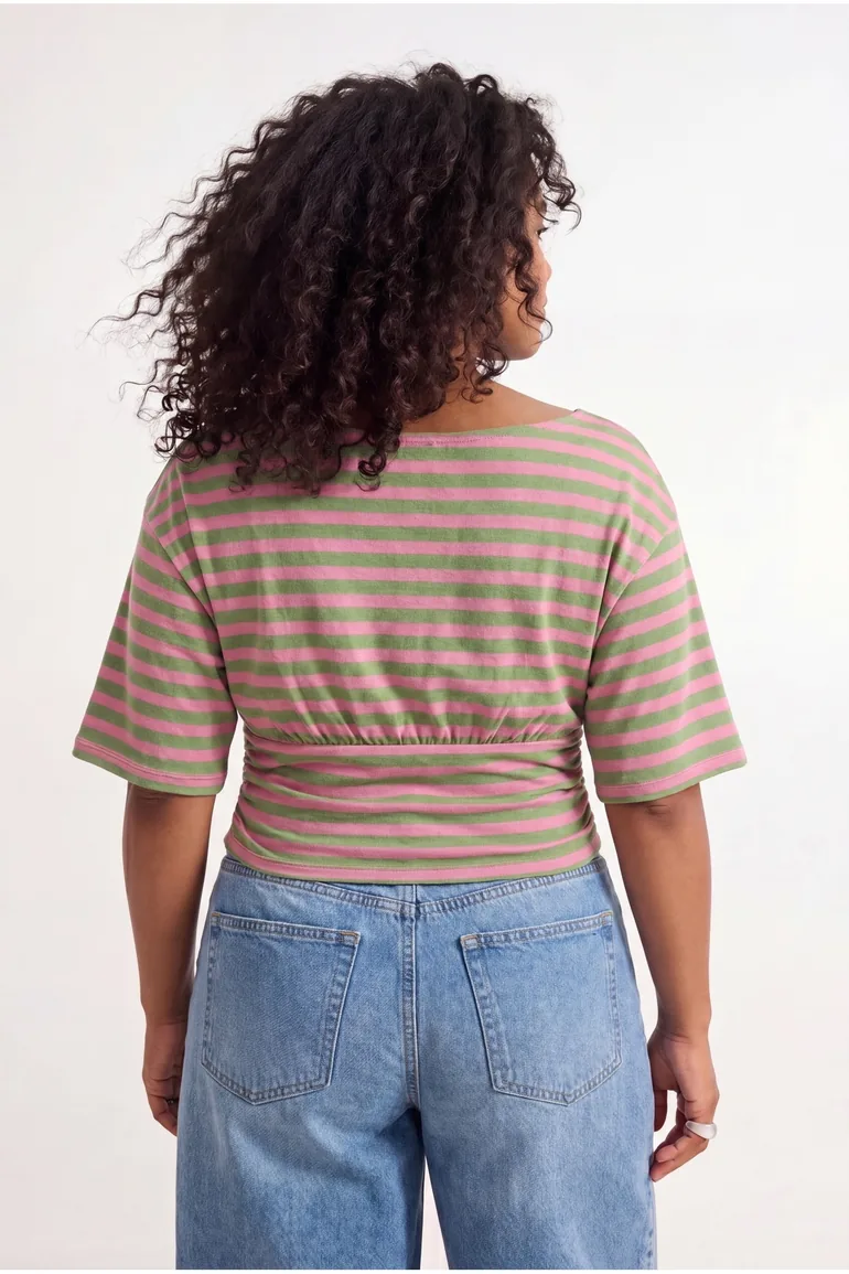 Pink-Green Striped Boat Neck Knitted Plus Size Blouse - 2