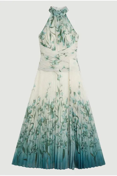 Ombre Floral Crinkle Halter Neck Georgette Draped Woven Maxi Dress