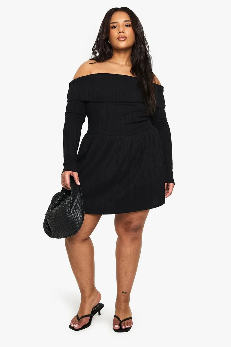 bardot skater dress plus size Baby Blue boohoo Plus Bardot Off Shoulder Skater Dress