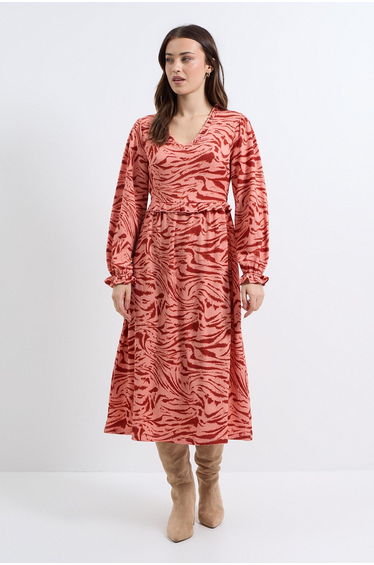 Pink Animal Frill Neck Blouson Sleeve Midi Dress