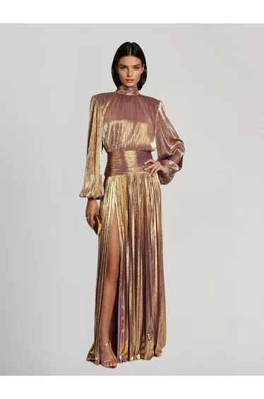 Hamilton Pleated Metallic Split Maxi Dress
