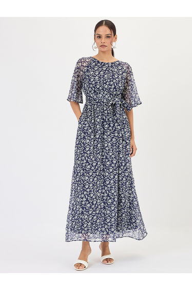 Navy Blue Floral Print Waist Tie Maxi Dress