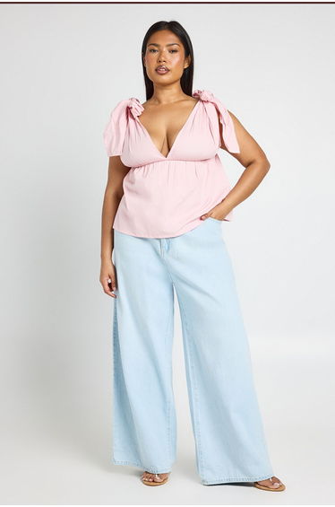 Plus Tie Shoulder Smock Top - baby pink