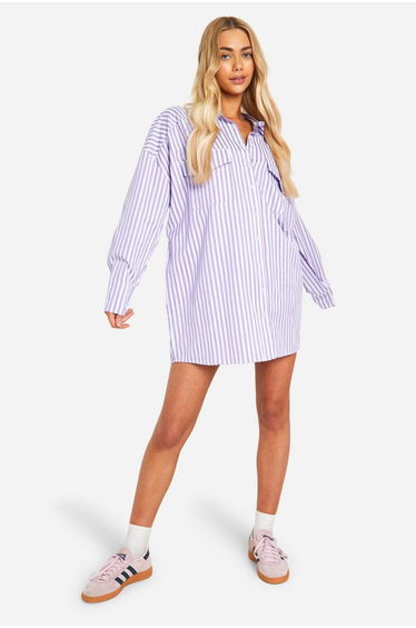Oversized Pocket Shirt Dress - lilac