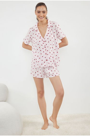 Pink Heart Viscose Woven Pajama Set