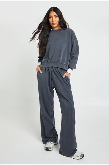 Tall Washed Ribbed Detail Sweatshirt Straight Leg Tracksuit - grey