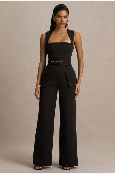 Solice | Black Square-Neck Tailored Jumpsuit