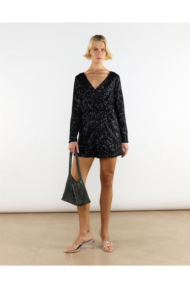 Black Sequin V-Neck Long Sleeve Playsuit