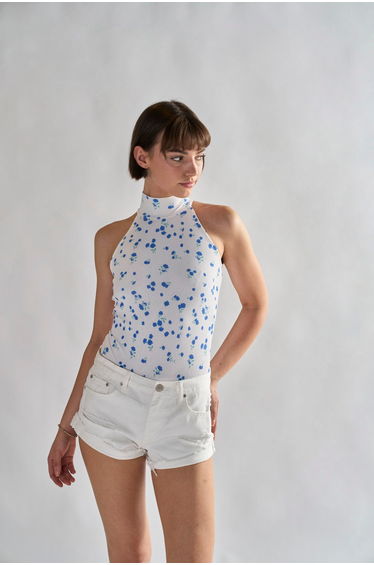 Glamorous White Blue Ditsy Rib Bodysuit