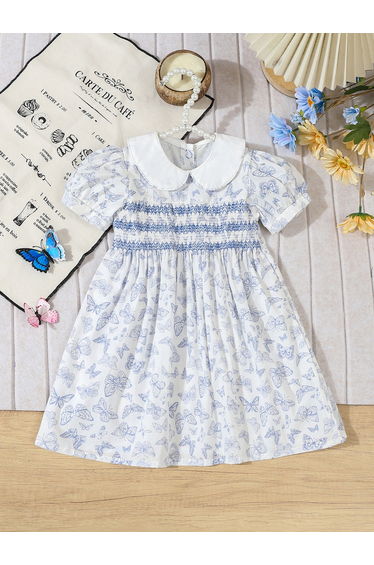 Girls Blue Butterfly Print Knee-Length Dress
