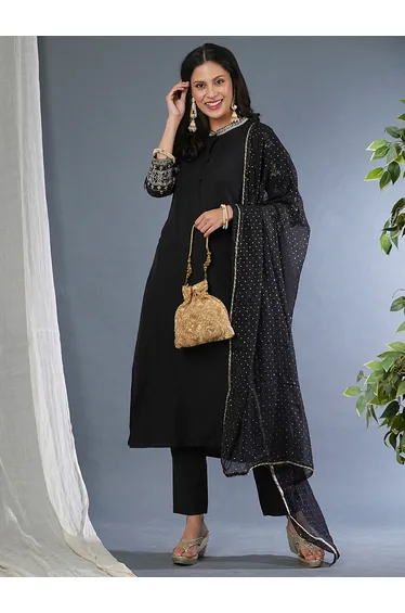 Embroidered Sleeves Straight Kurta with Pants and Sequined Dupatta Set