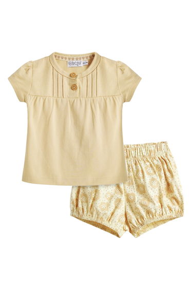 Girls Beige Cotton Top and Printed Shorts Set