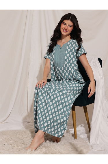 Women Green Floral Print Maxi Nightdress