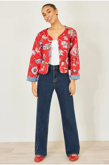 Yumi Red Boho Print Cotton Reversible Quilted Jacket