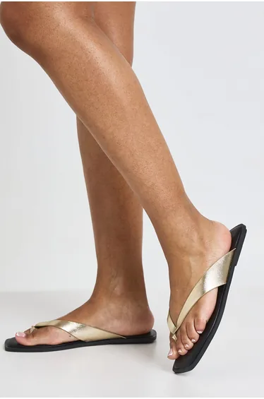 Metallic Square Toe Flip Flops - gold