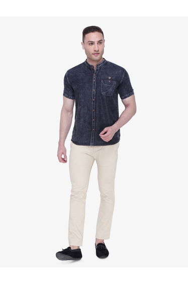 Men Grey Denim Mandarin Collar Shirt