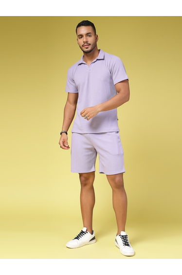 Men Purple Waffle Knit Polo and Shorts Co-Ords