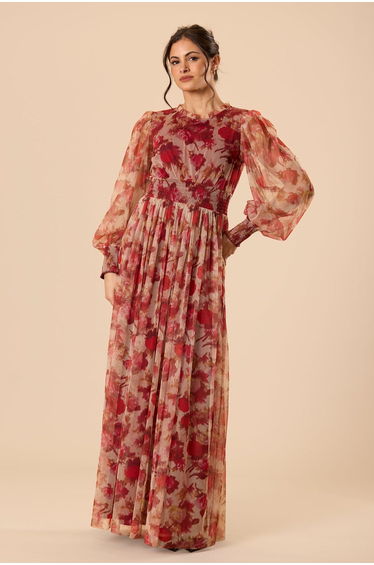 Comet Long Sleeve Tulle Maxi Dress in Rose Floral