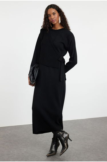 Black Knitwear Cardigan Dress Bottom-Top Set