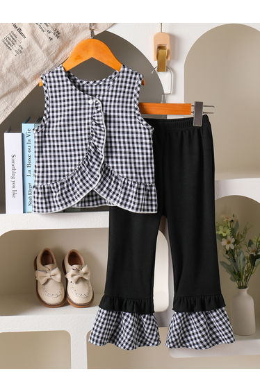 Girls Black Checkered Waistcoat and Pants Set