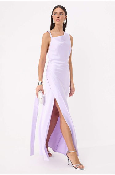 Lilac Button Detailed Woven Satin Maxi Evening & Graduation Dress