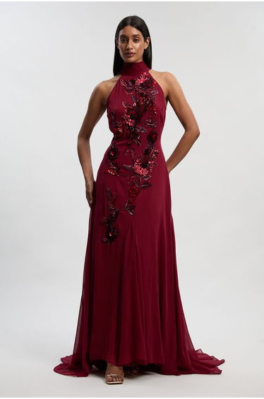 Petite Georgette Feather Embellished Halter Neck Woven Maxi Dress