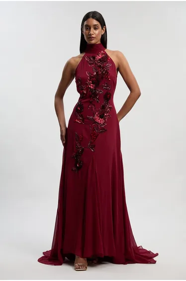 Petite Georgette Feather Embellished Halter Neck Woven Maxi Dress