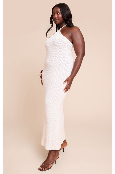 Plus Cream Textured Tie Halter Maxi Dress