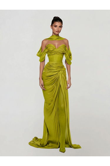 Drexen Off Shoulder Draped Maxi Dress In Chartreuse