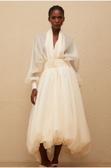 Riley Cream White Draped Tulle Maxi Dress