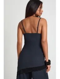 Crinkle Lace Trim Long Line Asymetric Cami Top - navy - 1