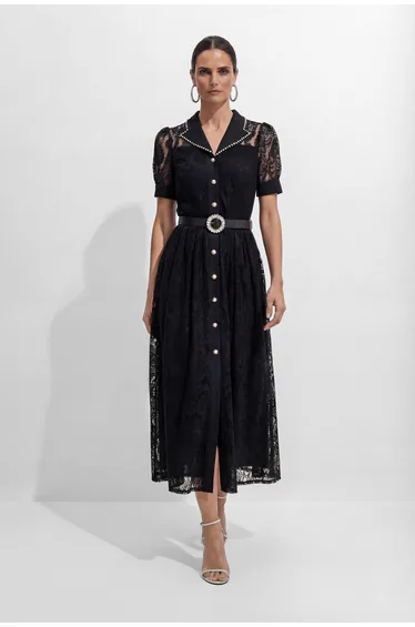 Be The One Black Lapel Collar Lace Midi Dress