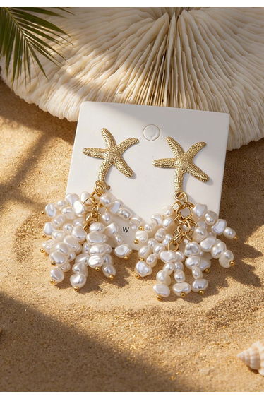 Gold Starfish Pearl Tassle Dangle Earrings for Beach Vacation & Coastal Getaway