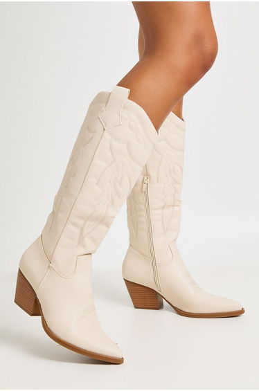 Embroidered Knee High Western Boots - cream