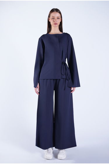Women's Navy Blue Crew Neck Knitted Jacket with Tie Detail and Double Pocket Trousers Set
