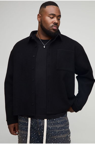 Plus Oversized Pearl Embellished Wool Look Overshirt - black