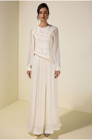 Rhinestone Rivets Pleated Top & Maxi Skirt Set