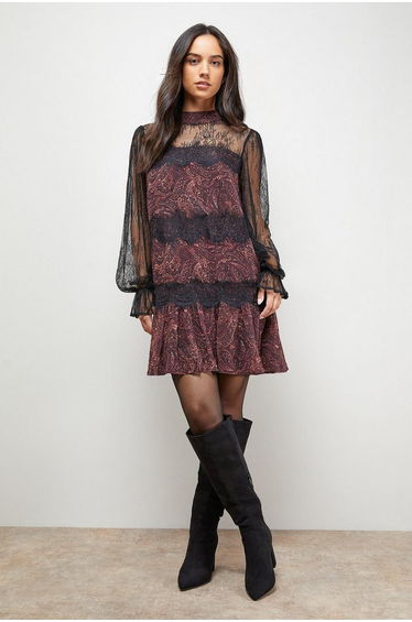 Printed Lace Tiered High Neck Balloon Sleeve Mini Dress