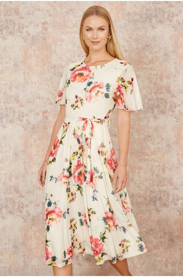 Yumi Ivory Mesh Floral Print Midi Dress With Angel Sleeves